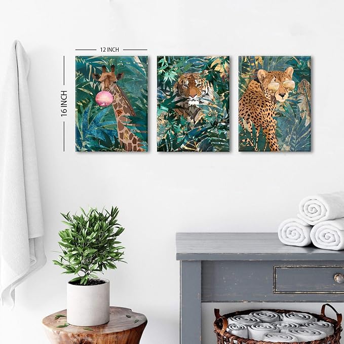 Abstract Animal Wall Art Giraffe Cheetah Tiger Pictures for Living Room Boho Green Plant Leaves Posters Jungle Botanical Canvas Adventure Wildlife Wall Decor Bathroom Bedroom Home Decoration 12x16" 3P