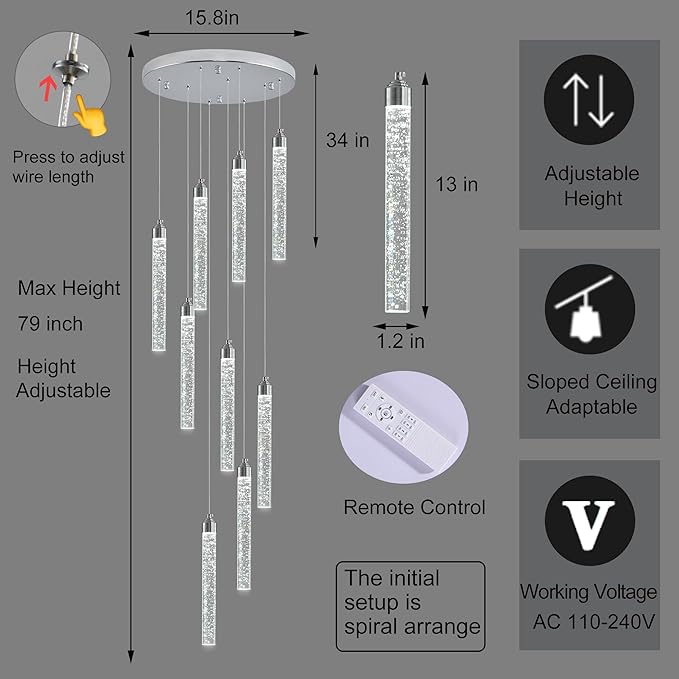 9-Lights High Ceiling Crystal Staircase Chandelier Silver, Modern Spiral Raindrop Dimmable LED Bubble Cluster Ceiling Hanging Lighting Fixture for Foyer Living Room Entrance Remote Control