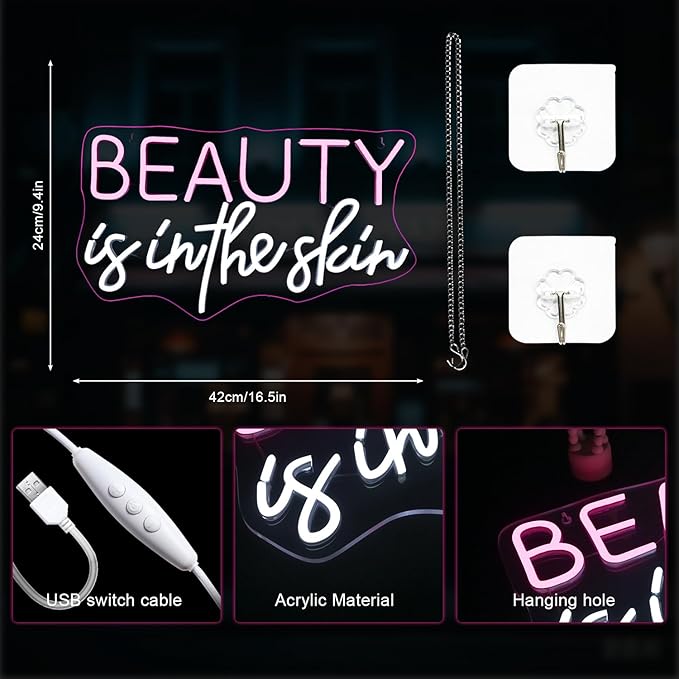 Lucunstar Beauty Is In The Skin Neon Sign,LED Neon pink cool white letters for facial spa wall neon for girl's room wall decoration beauty salon sign skincare salon beauty shop decoration