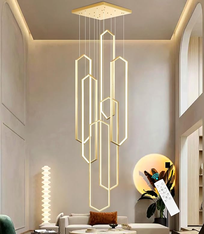 6-Rings Chandelier Modern, Gold Large Contemporary LED Light for Living Room Entrance, Dimmable Flush Mount High Ceiling Chandeliers with Remote Control for Villa Foyer