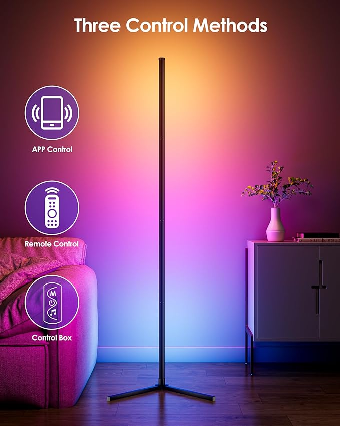 2PCS Corner Floor Lamp, 65" Smart RGB Color Changing LED Floor Lamp with APP and Remote Control, Modern Mood Lighting Corner Lamp with Music Sync, DIY Mode & Timing for Living Room Gaming Room