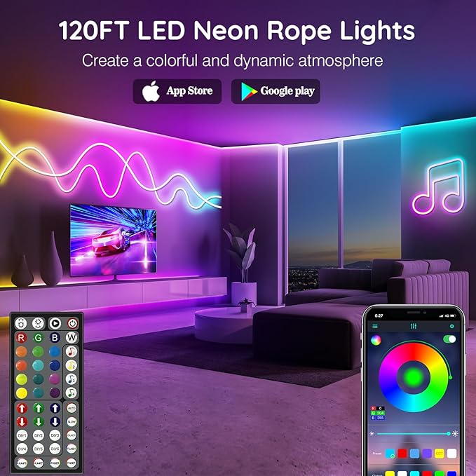 LETIANPAI 120Ft Neon Rope Lights,Flexible Led Rope Lights Control with App/Remote,Multiple Modes Music Sync Gaming RGB Led Neon Lights for Bedroom Outdoor