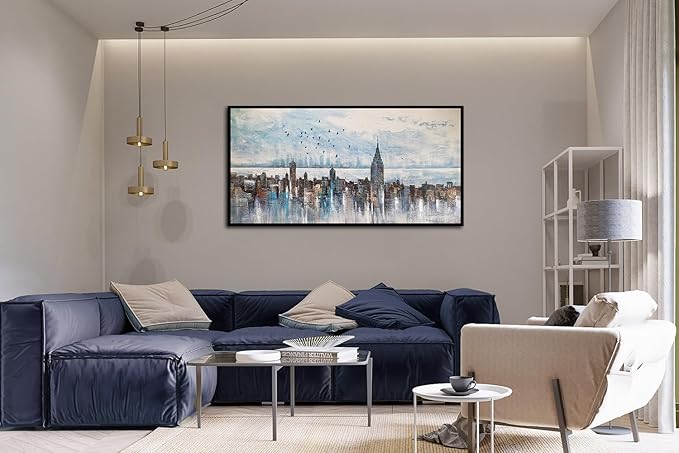 Arjun Cityscape Wall Art New York City Buildings Picture Modern Abstract Grey Skyline Birds NYC Painting Artwork for Bedroom Living Room Bathroom Home Office Decor, Large Size Black Framed 58"x29"