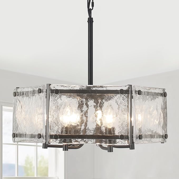 6-Light Black Glass Chandelier, 18.7" Modern Textured Glass Drum Chandelier for Dining Room, Farmhouse Round Hanging Light Fixture for Dining Room Kitchen Island Living Room Hallway Bedroom
