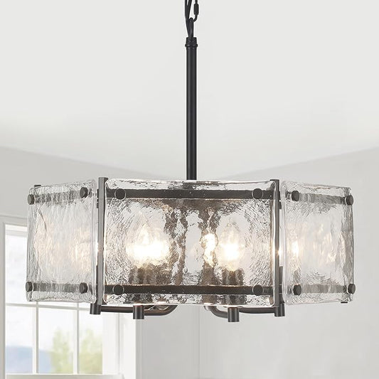 6-Light Black Glass Chandelier, 18.7" Modern Textured Glass Drum Chandelier for Dining Room, Farmhouse Round Hanging Light Fixture for Dining Room Kitchen Island Living Room Hallway Bedroom