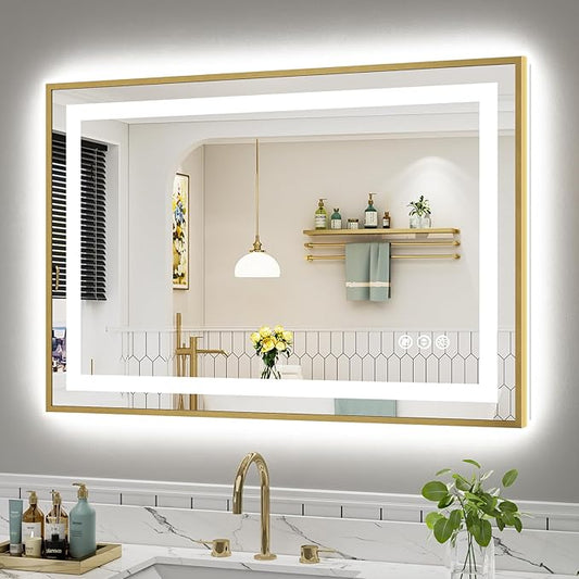 44x30 Inch LED Bathroom Mirror with Gold Frame, Backlit & Front Lit, Anti-Fog Lighted Bathroom Vanity Mirror for Wall, Memory Function, Dimmable, HD Tempered Glass, Shatter-Proof