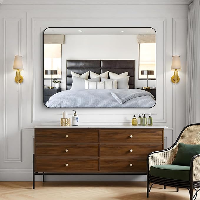 KOCUUY Black Bathroom Mirror 48"x36", Large Vanity Mirror with Rounded Corner, Metal Black Frame with Mordern Design for Bathroom, Living Room, Entryway, Hang Horizontal/Vertical
