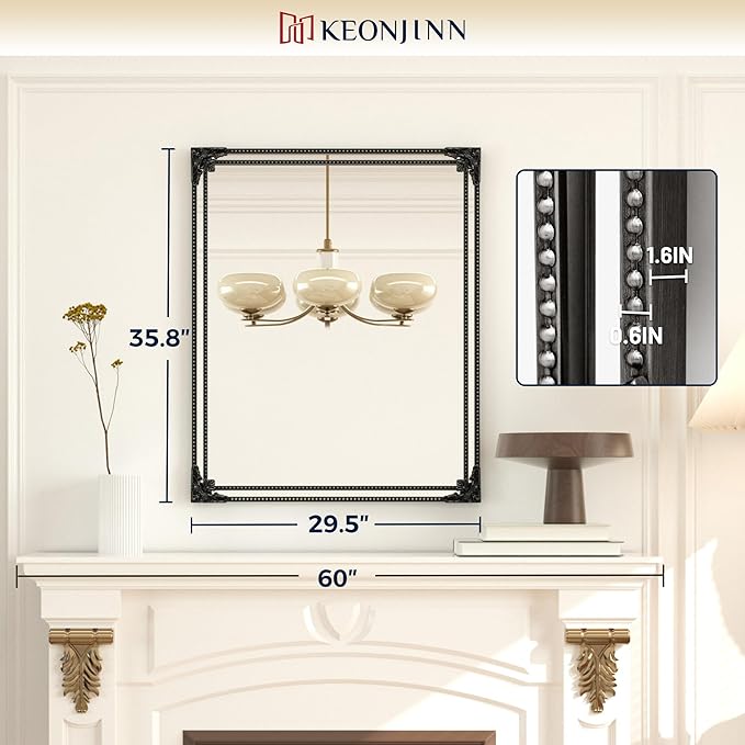 Keonjinn Vintage Mirror for Wall, 30" x 36" Antique Rectangular Black Mirrors with Metal Frame, Baroque Style Decoration for Mantle, Bathroom, Living Room, Fireplace, Bedroom, HD Shatterproof Glass
