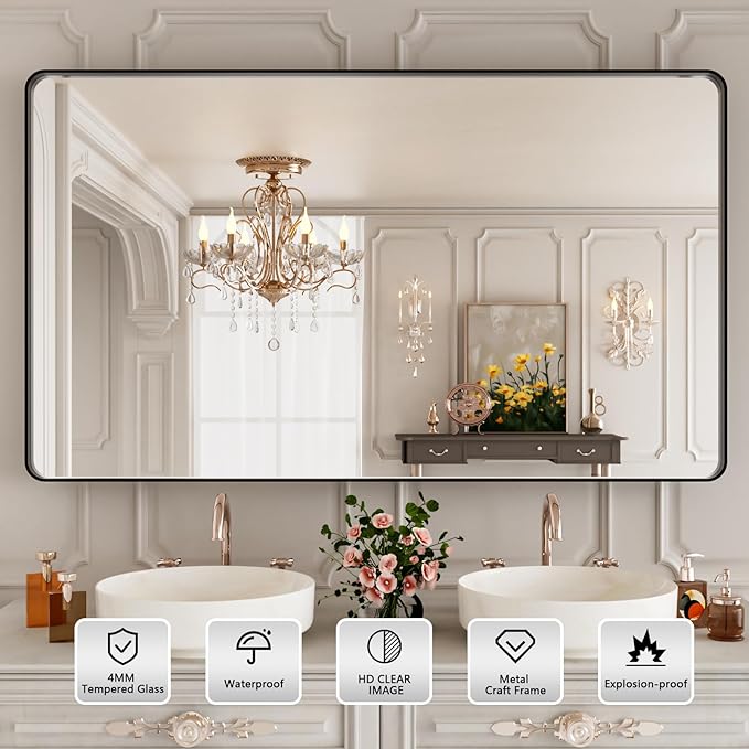 Bathroom Mirror Black,50x30 Inch Large Matte Black Bathroom Vanity Mirror,Rectangle Black Metal Framed Mirror for Wall,Anti-Rust,Shatter-Proof (Horizontal/Vertical)