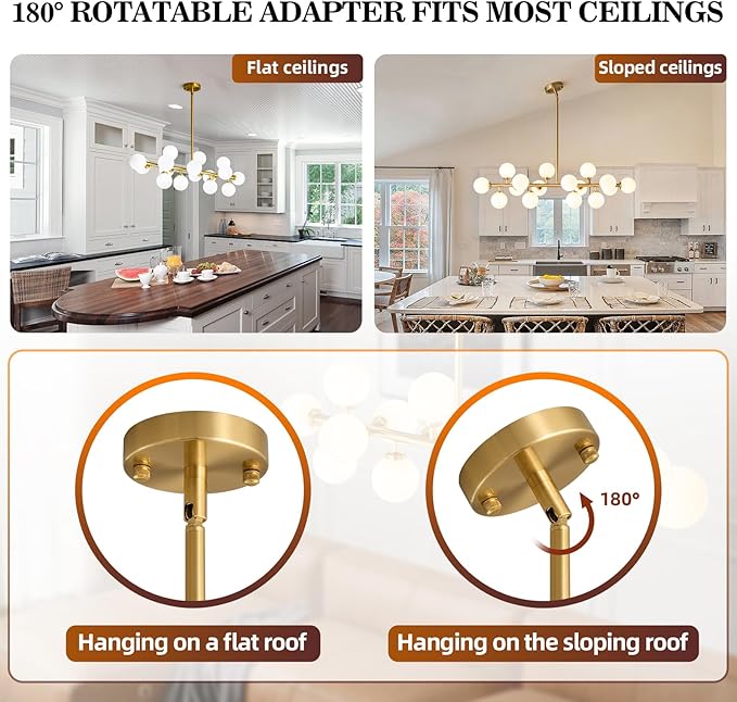 Mid Century Modern Sputnik Chandelier: 16-Light Globe Chandeliers over Table - White Glass Linear Chandelier Dining Room Light Fixture - Gold Brass Modern Chandeliers for Living Room Kitchen Island