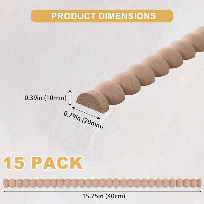 15-Pack 15.75" Unfinished Wood Beaded Trim - Easy to Paint, Cute Decorative Molding DIY Craft for Furniture Frame, Mirror Edge, Wall, Door, Closet, Dresser, Shelf