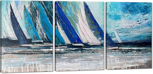 MAMAGO Abstract Wall Art - 3 Pieces Landscape Poster Painting Beautiful Ocean Sailboat Picture Vintage Artwork for Living Room Decor Framed Easy to Hang - 20" W x 28" Hx3pcs