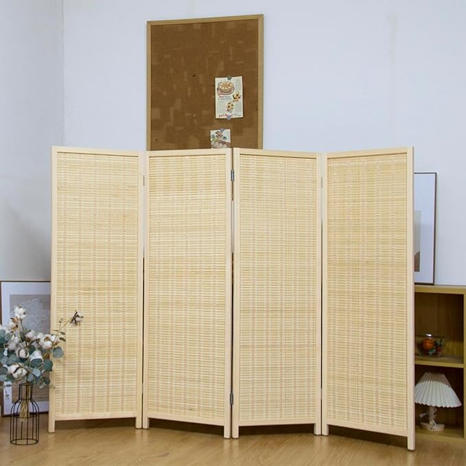 4 Panel Short Panel Divider Screen,3.95 FT Tall Bamboo Room Divider Folding Privacy Screen,Short Panel Divider Freestanding Room Divider for Room Seperation,Beige