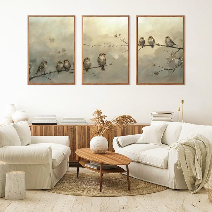 LHIUEM Large Cute Birds Framed Canvas Wall Art Set of 3(16X24in) Nature Inspired Bird Botanical Wall Decor,Big Vintage Branch Bird Painting,Natural Landscape Animal Art Prints for Living Room Bedroom