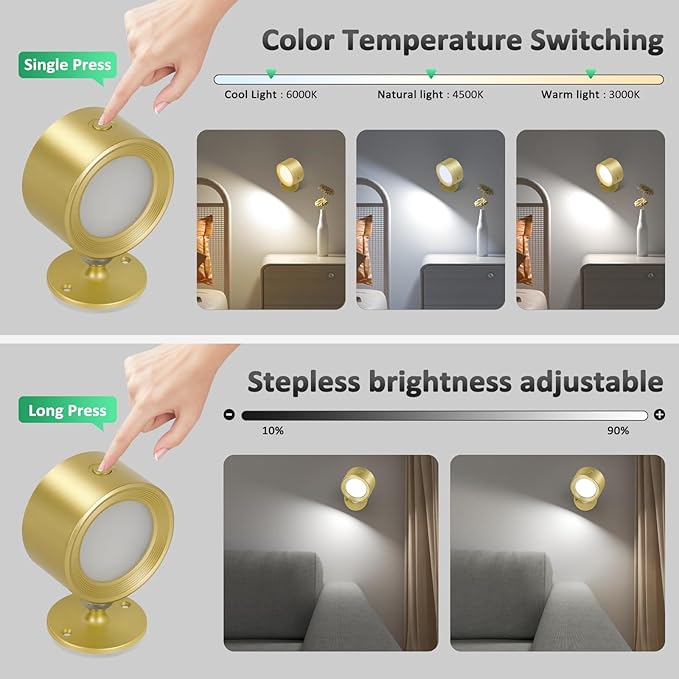 Lightbiz LED Wall Lights 2 Pcs with Remote, Wall Sconces Lamp Rechargeable Battery Operated, 3 Color Temperatures & Dimmable Magnetic 360° Rotation Cordless for Bedroom Bedside