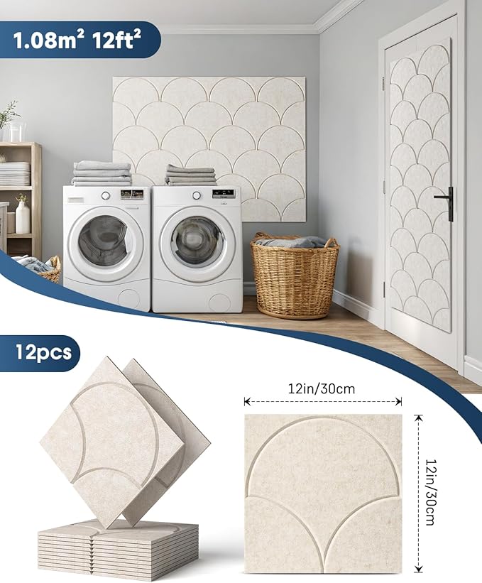 12 Pack Sound Proof Foam Panels for Walls，Self-Adhesive Acoustic Panels, 12" X 12" X 0.4" Sound Proof Panels for Walls，Door, Ceiling, Home Office Beige