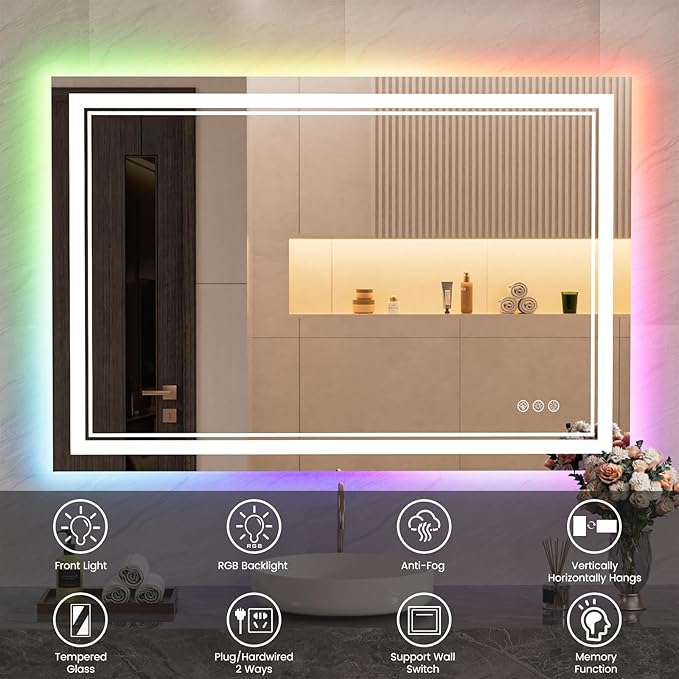 44x32 inch LED Bathroom Mirror with RGB Lights, Color Changing Backlit Mirror, Shatterproof, Dimmable Anti-Fog, Lighted Vanity Mirror (RGB Multicolor Backlit + Adjustable Front-Lighted)