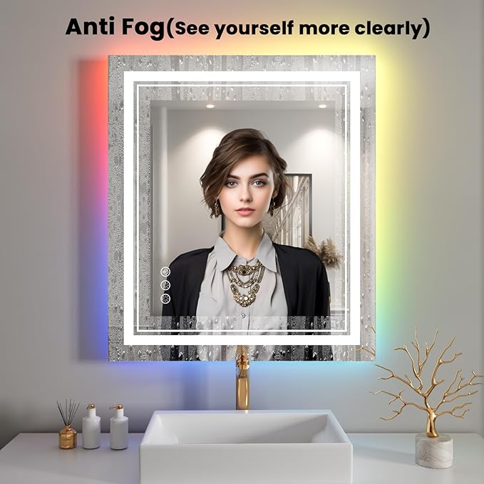 32x36 inch LED Bathroom Mirror with RGB Lights Color Changing Backlit Mirror Shatterproof Dimmable Anti-Fog Lighted Vanity Mirror (RGB Multicolor Backlit + Adjustable Front-Lighted)