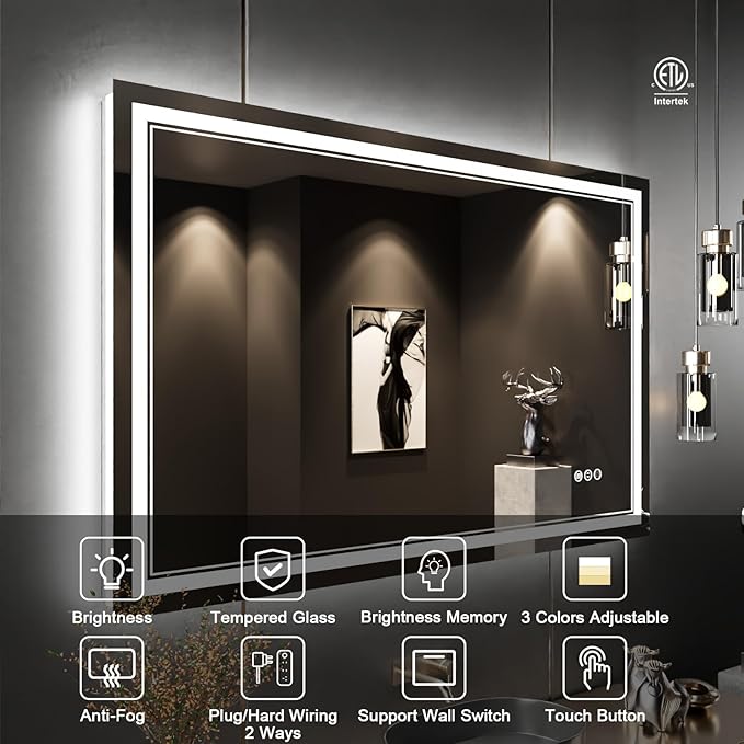 48 x 30 Inch LED Bathroom Mirror with Lights, Front and Backlit Anti-Fog Dimmable Memory Lighted Bathroom Vanity Mirrors for Wall, Shatterproof Led Mirror for Bathroom