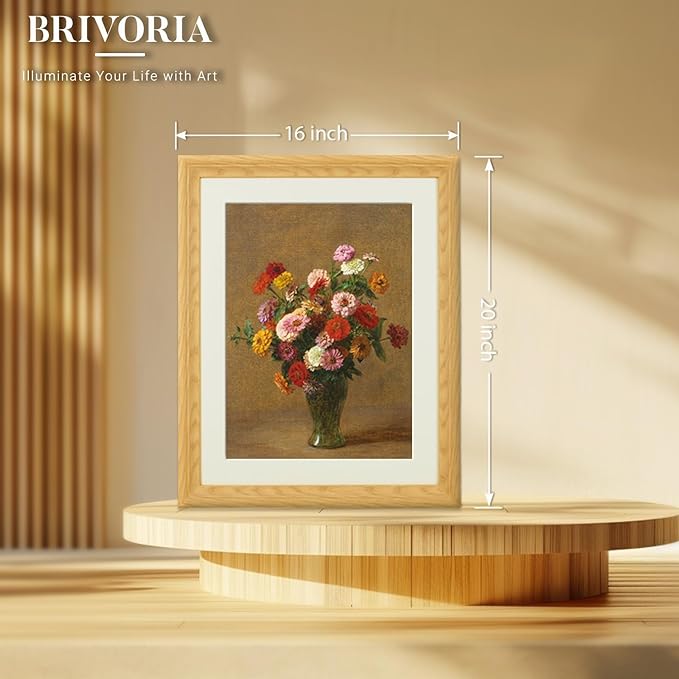 Brivoria Framed Canvas Wall Art Vintage Decor, Majestic Autumn Floral Still Life with Colorful Zinnias and Warm Rustic Tones for Living Room Bedroom Dining Room Fireplace or Gallery Display, 16"x20"