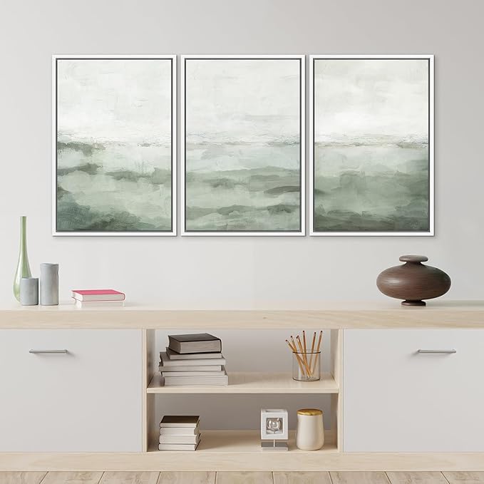 MUDECOR Framed Canvas Print Wall Art Sage Green Abstract Prints Minimalist Modern Wall Art Decor for Bedroom - 24"x36"x3 White