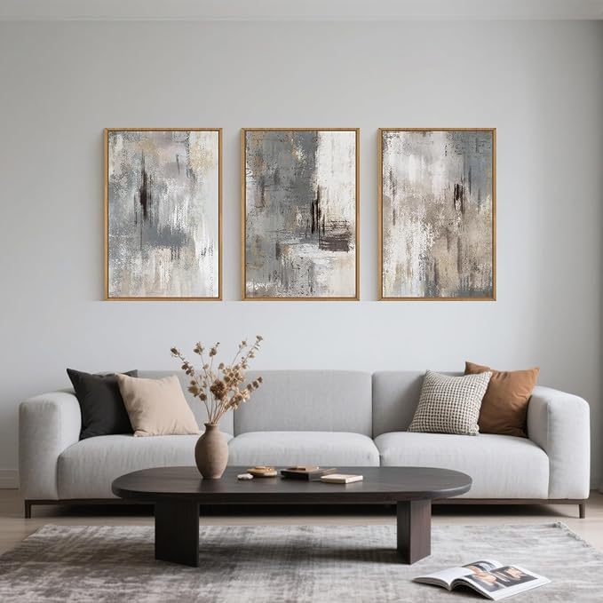 Large Abstract Grey and Beige Framed Canvas Wall Art,Neutral Brush Stroke Wall Decor,Natural Modern Color Block Artwork,Minimalist Nordic Art Print for Living Room,Bedroom,Office- 24"x36"x3