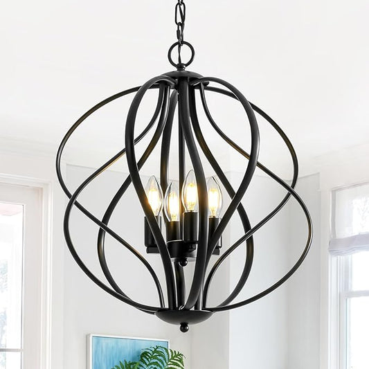 17” Modern Black Chandelier for Dining Room - 4-Light Industrial Sphere Pendant Light, Hanging Geometric Chandelier for Kitchen, Entryway, Foyer, Stairs