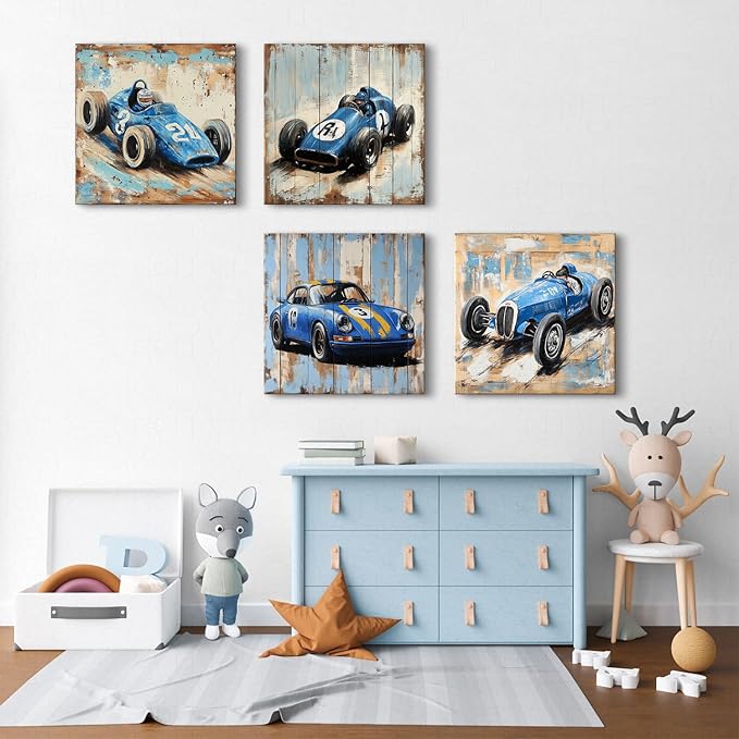 Kids Wall Art Trucks Wall Decor Rustic Farmhouse Racing Car Wall Art for Nursery Room Kindergarten Dormitory Home Decorations Cartoon Themed Vehicles Poster Toddler Boys Modern Artworks 20x20" 4 Pcs