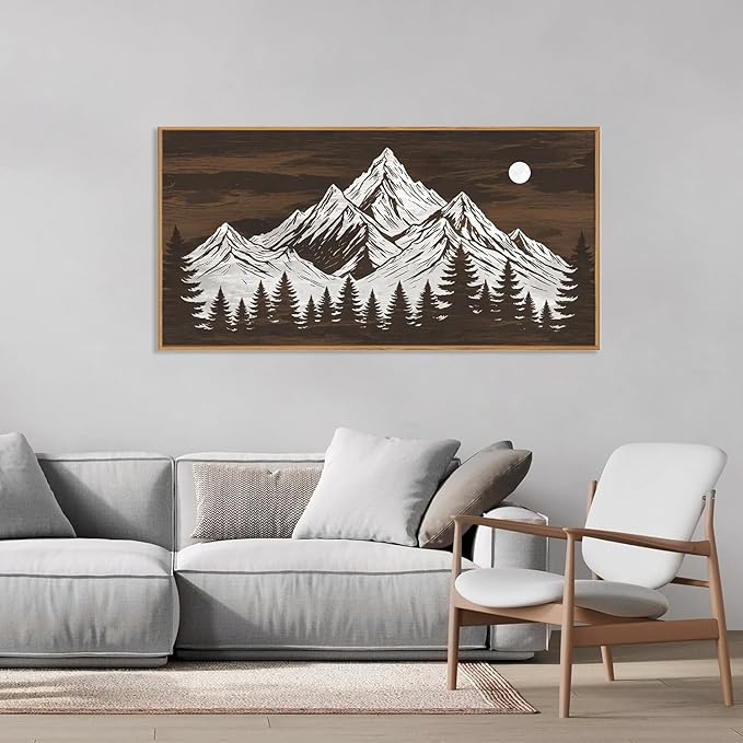 KAIRNE Wooden Mountain Tree Framed Canvas Wall Art Set, Country Wood Forest Wall Decor, Woodcut Pine Tree Wall Painting, Nature Farmhouse Zen Art Prints for Living Room, Bedroom, Office - 20"x40"x3