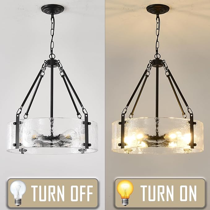 Black Dining Room Chandelier 20” Modern Textured Glass Chandelier 6-Light Drum Crystal Light Fixture Vintage Farmhouse Round Hanging Lighting for Kitchen Island Over Table