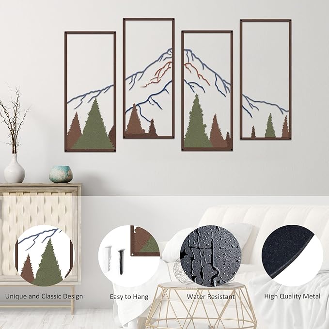 4 Pcs Metal Mountain and Forest Wall Decor Colorful Landscape Mountain Wall Art Pine Tree Forest Wall Decoration Rustic Nature Wall Decor for Living Room Home Office Bathroom Indoor (Middle)