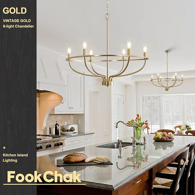 6 Light Gold Chandelier, Brushed Gold Light Fixture Dining Table Candle Brass Chandelier Lighting for Bedroom Hallway Entryway Living Room Kitchen 29in Brushed Brass Chandeliers