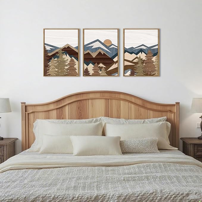 BINCUE Framed Mountain Wall Art Boho Landscape Wall Decor Mountain Artwork for Office Living Room Bedroom 12" Lx16 W Set of 3