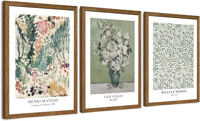 JLTULT 3 Piece Vintage Sage Green Canvas Wall Art, Monet Van Gogh Matisse Wall Decor, Botanical Painting Artwork Prints for Living Room Bedroom Home Office 12X16 inch Wood Framed Easy to Hang
