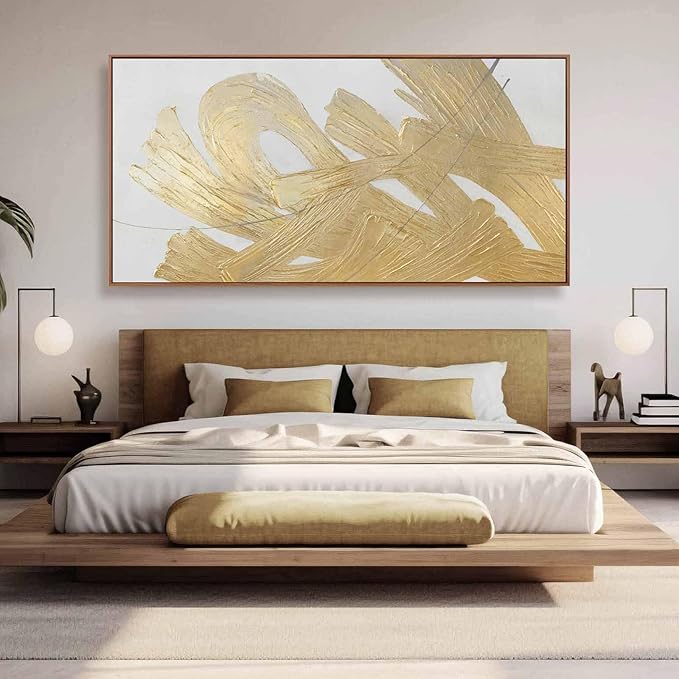 Large Gold Wall Art Abstract Canvas Wall Decor Framed Arts Pictures Modern Artwork Hand Drawn Paintings 36"x70"