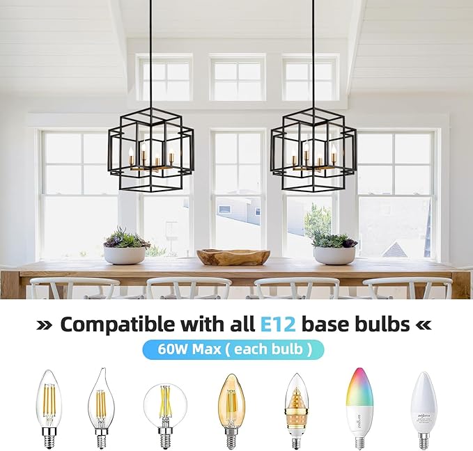 4-Light Black and Gold Chandeliers, Foyer Lighting Fixtures for High Ceilings, Farmhouse Chandeliers for Dinning Room Entryway Staircase, Rectangular Pendant Light for Kitchen Island