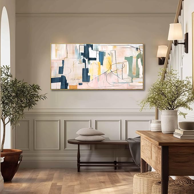 Artexist Large Abstract Canvas Wall Art Pink Painting Yellow Bedroom Decor Navy Art Photo Prints Minimalist Pictures Poster Artwork 20"x40"