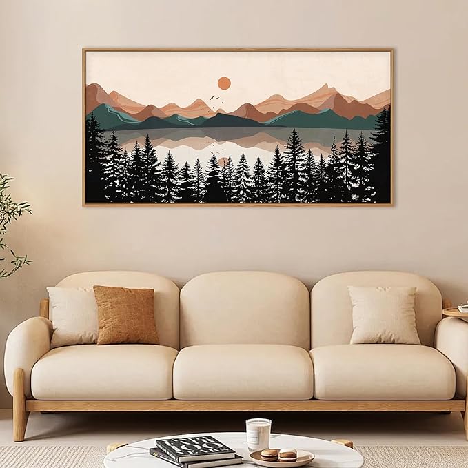 KAIRNE Mountain Framed Canvas Wall Art, Mid Century Modern Decor, Boho Wall Art Painting, Lake Pines Tree Sunset Nature Landscape Art Print for Living Room, Bedroom, Office, Dining Room- 20"x40"x1