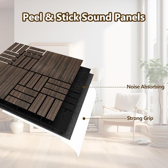 4 Packs Acoustic Wall Panels - Self-Adhesive 3D Wood Slat Wall Panel- Peel and Stick Sound Absorbing Panels for Noise Reducing - Feature Wall Decor for Home & Office