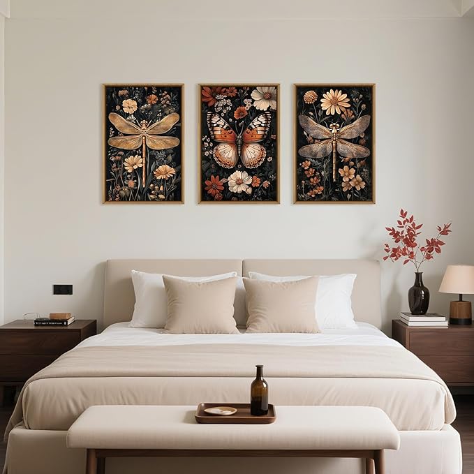 Large Vintage Butterfly and Dragonfly Wall Decor Framed Canvas Wall Art,Retro Blossom Leaf Wall Decor,Dark Insect Plant Artwork,Moody Animal Floral Art Print for Living Room,Bedroom- 16"x24"x3