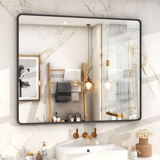 OKPAL 44X36 Inch Black Bathroom Mirror for Wall, Bathroom Vanity Mirror, Matte Black Frame Rectangle Mirror, Round Corner, Rustproof, Tempered Glass (Horizontal/Vertical)