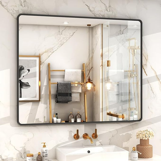 OKPAL 44X36 Inch Black Bathroom Mirror for Wall, Bathroom Vanity Mirror, Matte Black Frame Rectangle Mirror, Round Corner, Rustproof, Tempered Glass (Horizontal/Vertical)