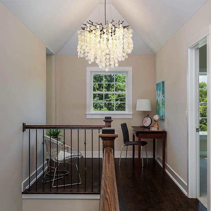 Capiz Shell Chandelier 18-Inch, Black Crystal Tree Branch Chandelier, 6-Light Coastal Light Fixture, Contemporary Entryway Chandeliers, for Dining Room Bedroom Foyer Bathroom