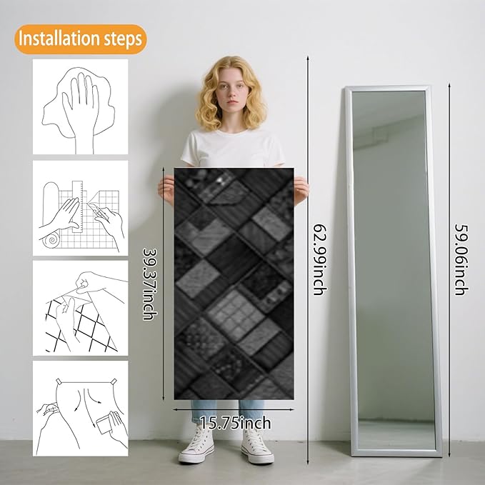 Nuxovilar Black Grey Plaid Checkered Textured Peel and Stick Wallpaper, 15.75"x39.37", Self-Adhesive Contact Paper, Classic Tartan Style for Bedroom, Living Room and Table Decor