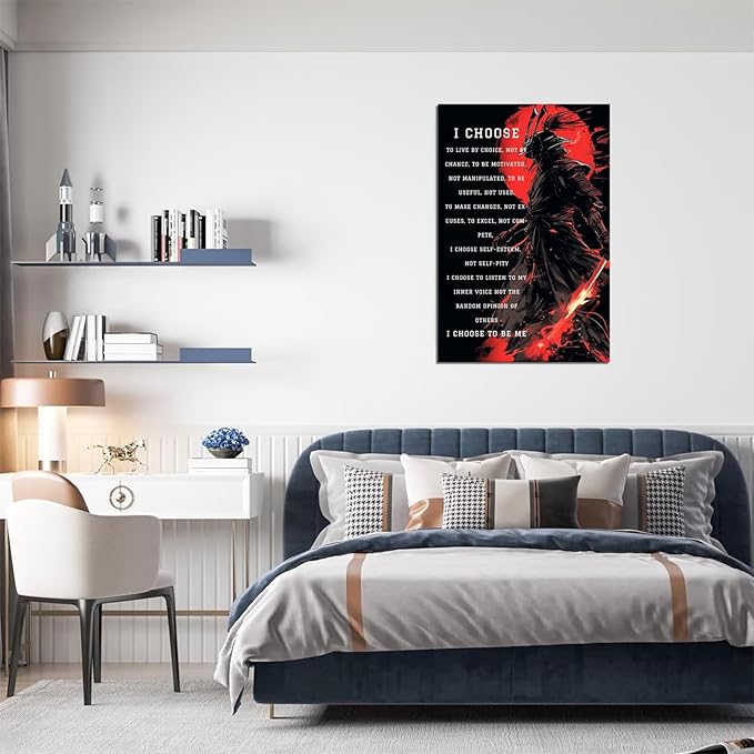 Armored Samurai Wall Art I Choose to Live by Choice Canvas Prints Vintage Japanese Artwork Black Motivational Poster Inspirational Quotes Painting for Men Bedroom Living Room Office (12''W x 16''H)