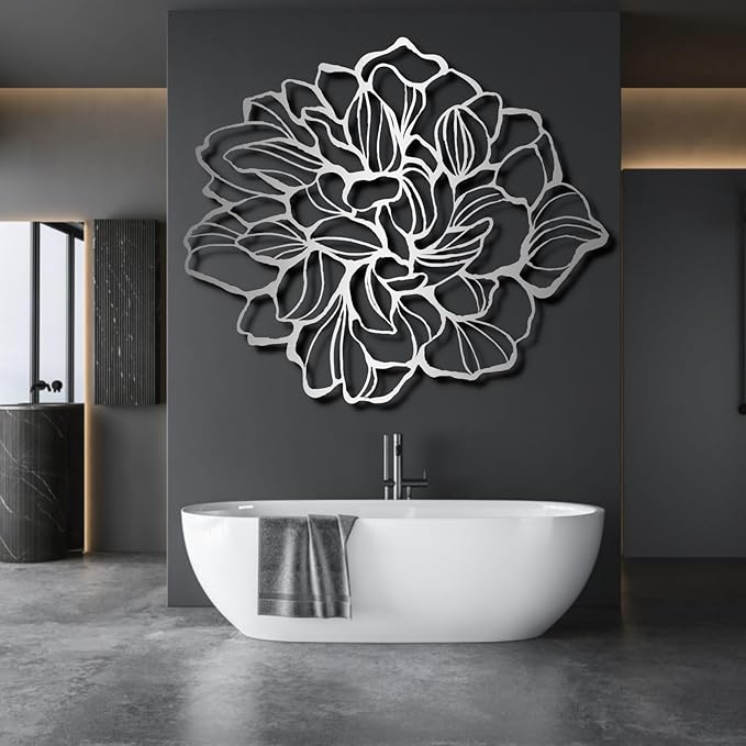 Metal Flowers Wall Decor, Metal Flower Wall Art, Minimalist Flower Line Wall Decor, Wall Art for Living Room, Bathroom, Bedroom, Housewarming Gift, Gift for Her (45"W x 39"H / 115 x 99 cm, black)