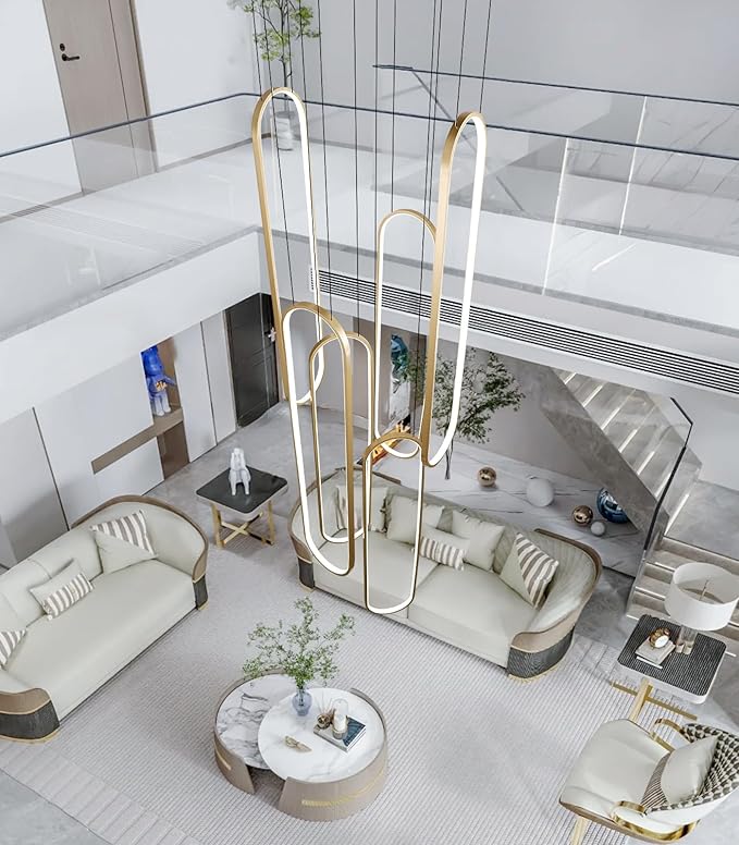 6-Rings Modern Chandelier, LED Gold Large Contemporary Light for Staircase, Dimmable Flush Mount High Ceiling Chandeliers with Remote Control for Villa Foyer