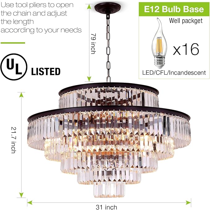 Brown Modern Style Top K9 Crystal Chandeliers & LightsRound Hanging Classic, Pendant Ceiling Chandelier Lighting Fixture 6-Tier for Dining Room Living Room(Oil Brown, Dia 31 Inch)