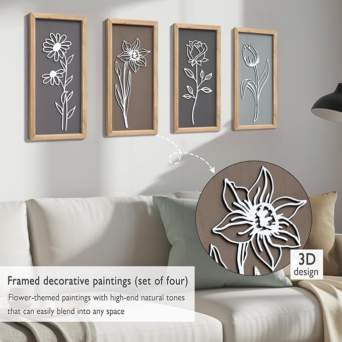 3D Wooden Floral Framed Wall Decor of 4, 7"X16" Farmhouse Vintage Boho Minimalist Flower Wall Art for Living Room, Rustic Retro Moody Vertical Tulip Rose Daisy Daffodil Botanical Wall Sculptures