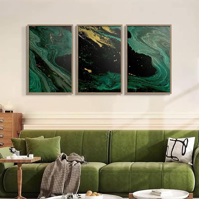 3pcs Wood Framed Green Black Abstract Canvas Wall Art - Deep Space Artwork - Modern Decorative Abstract Prints Posters - Living Room Bedroom Decorative Paintings Gallery Style Wall Hanging Pictures